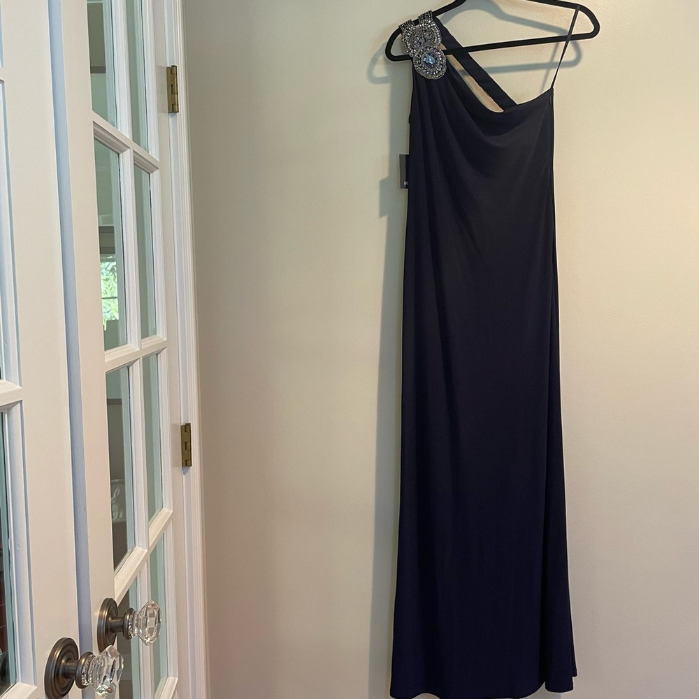 Marina Beaded One-Shoulder Navy gown NWT